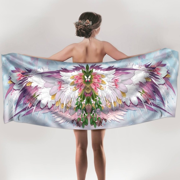 Pink & Lavendar Angel Feather Wings Pure Silk Fantasy Scarf Shawl - Picture 7 of 16